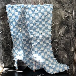 Blue and White Checkered Knee-High Boots